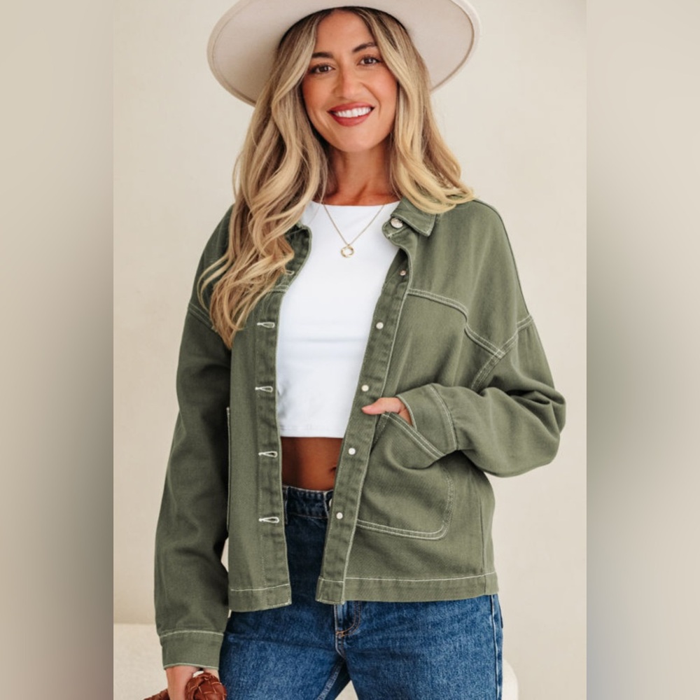 Luna - Olive Green Boyfriend Denim Jacket - Picture 4 of 5
